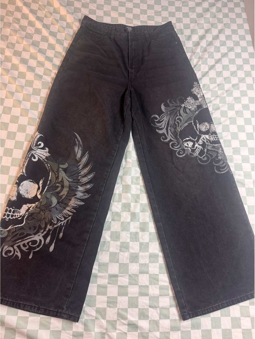 Y2K Black Wide Leg Jeans with Skull and Wing Graphic Print